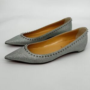 Christian Louboutin Silver Glitter Flats with Studs